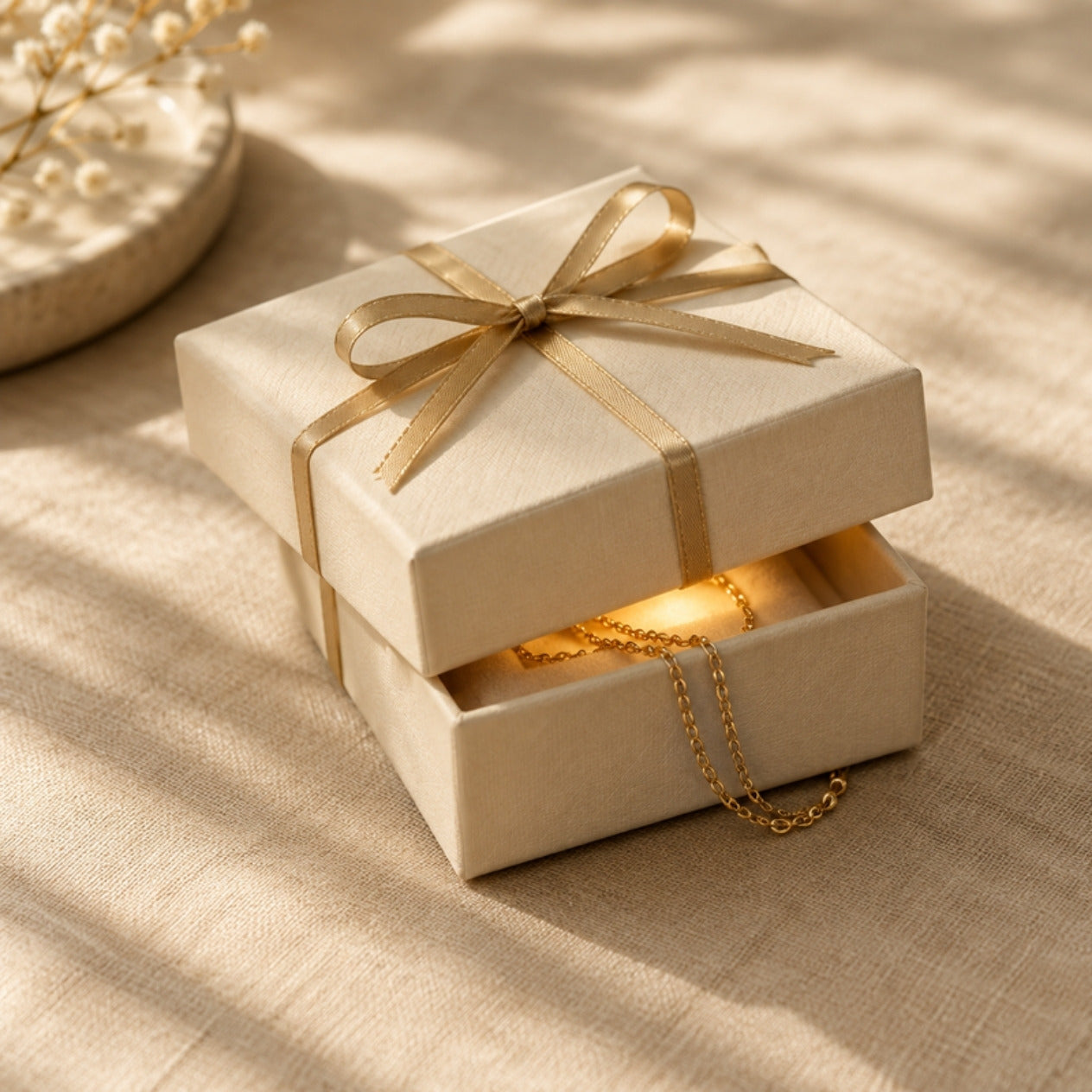 Luxe Ember mystery free gift box with gold ribbon